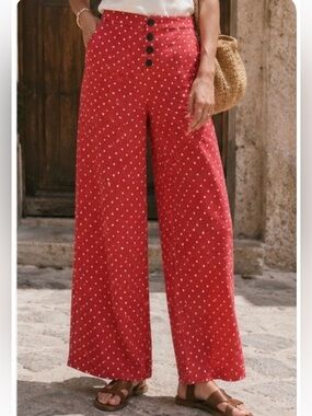 Stradivarius Linen Red Polka Dot High-Waist Wide-Leg Pants